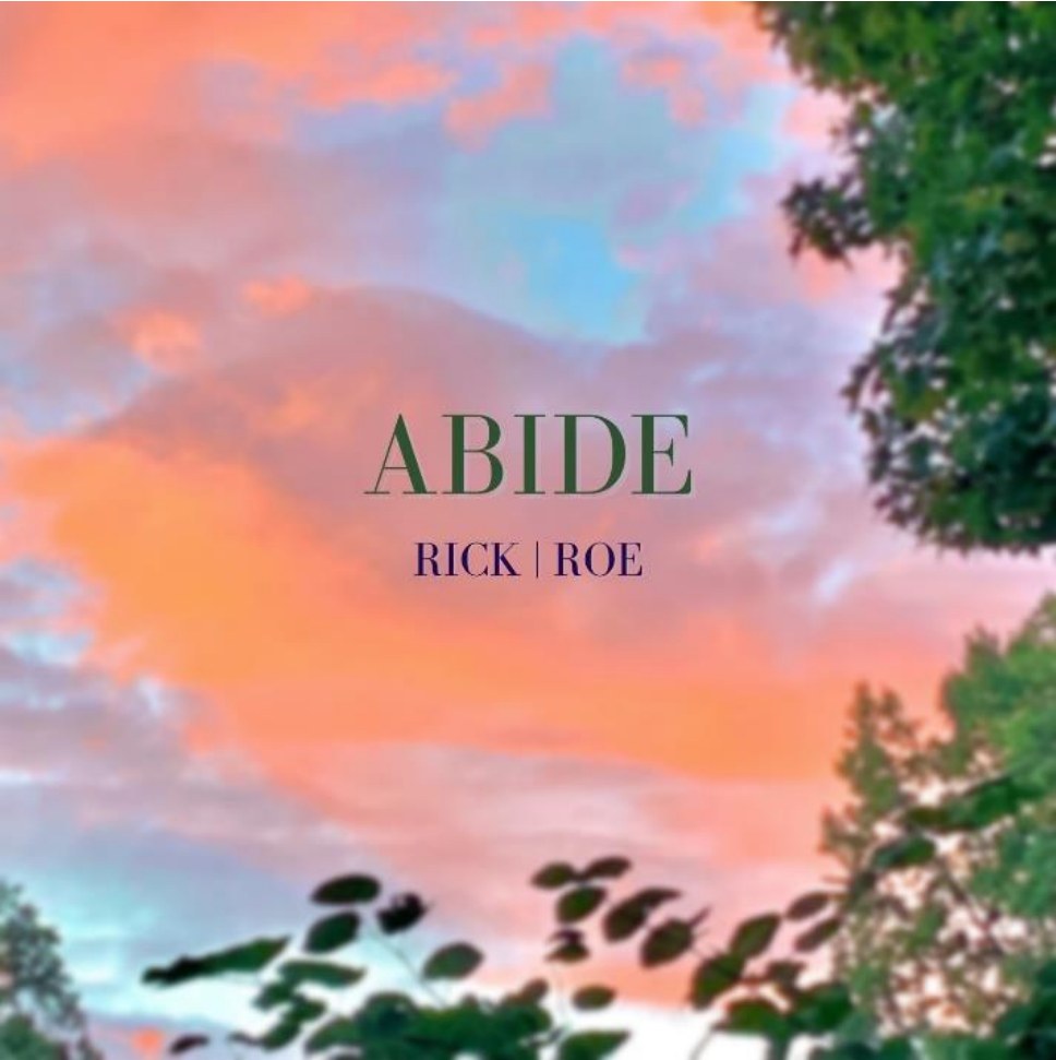 ABIDE album cover, title over a pink sunset sky framed by leaves