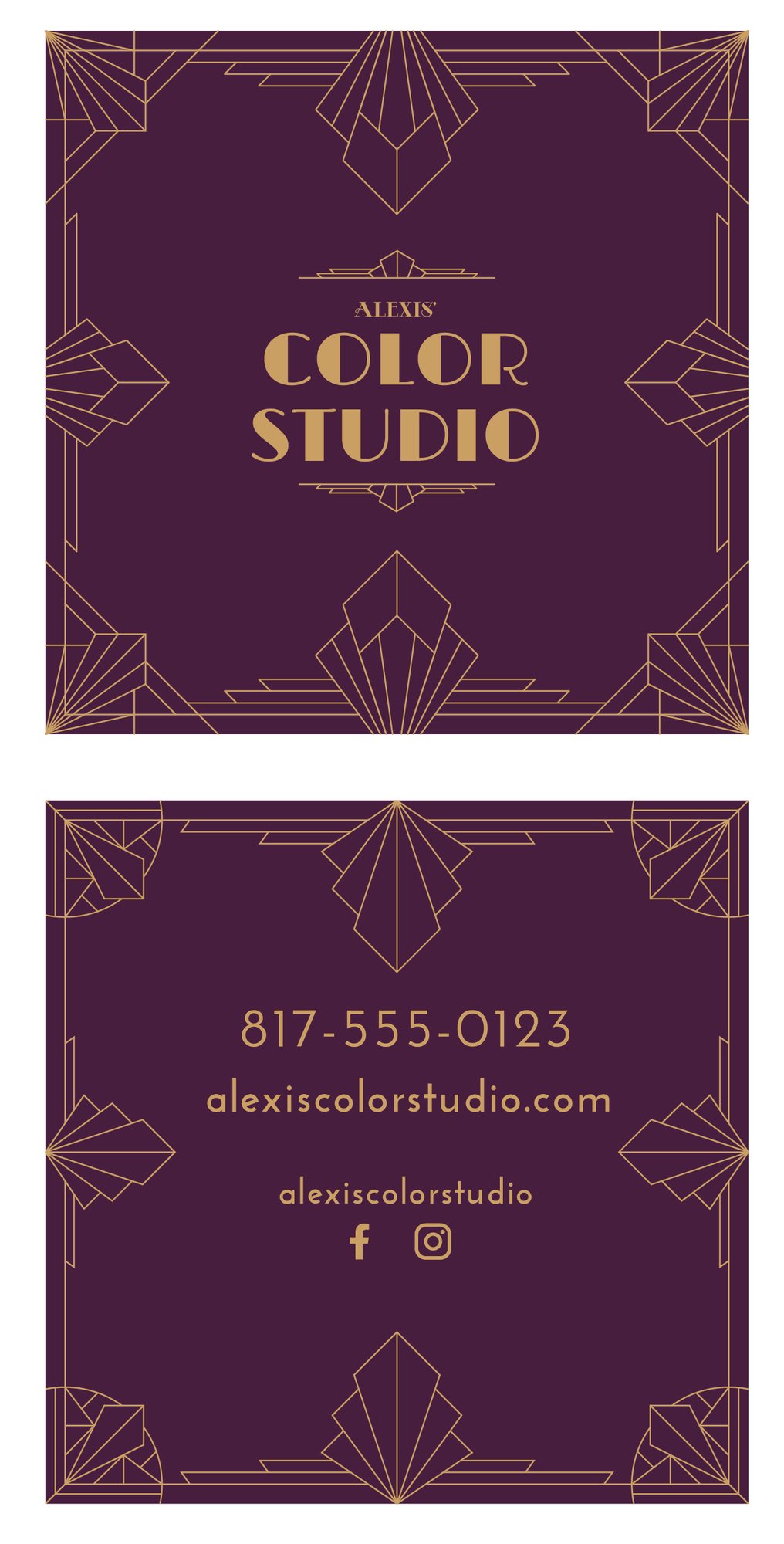 Square business card, front and back, gold Art Deco linework on deep plum