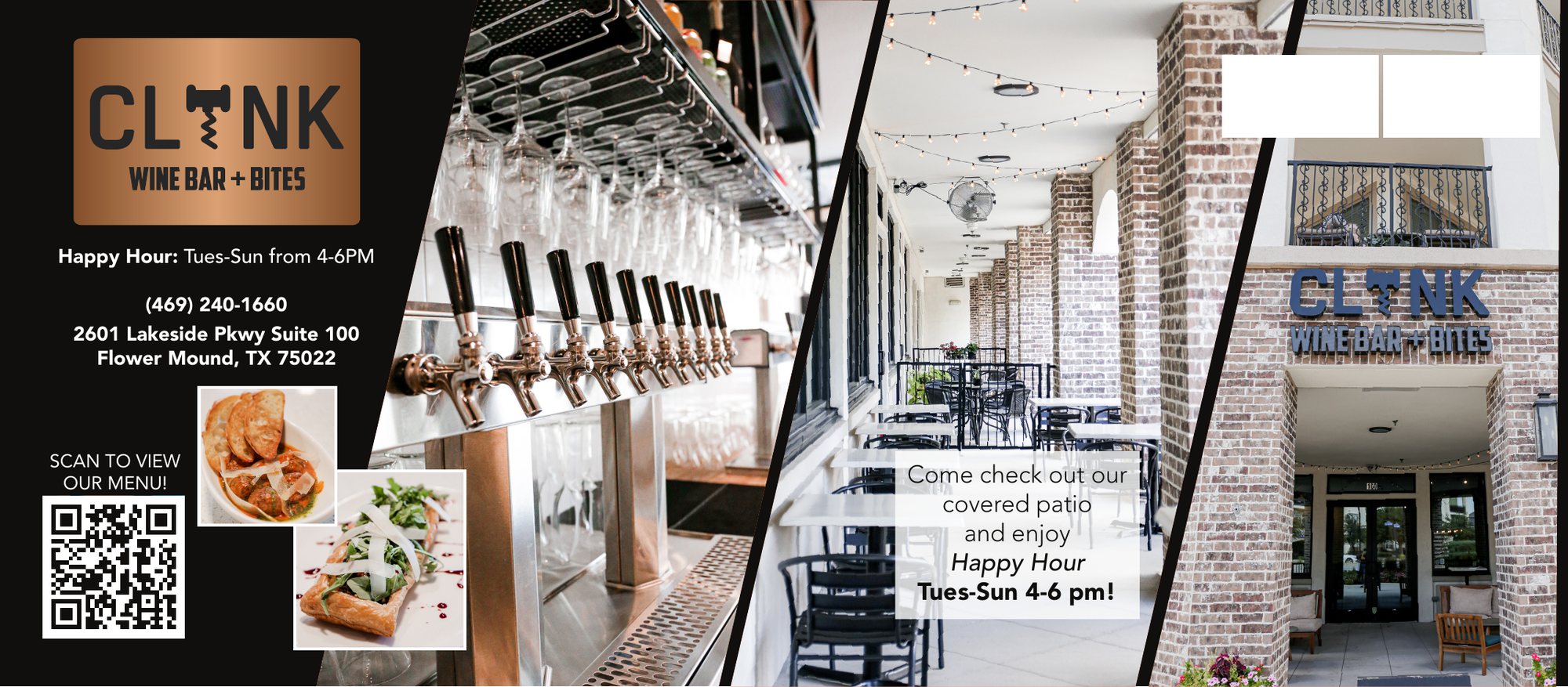 Clink direct-mail piece with interior photo, happy hour details and a menu QR code