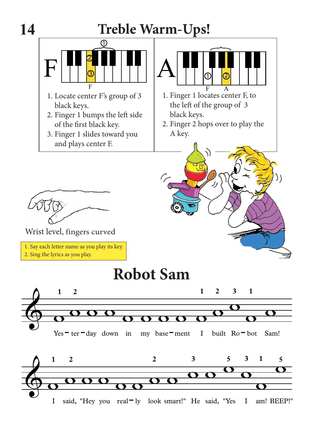 Warm-up page combining keyboard diagrams, fingering steps, an illustration and staff notation
