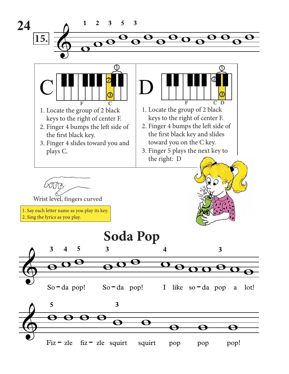 Song page with notation, lyrics, fingering numbers and an illustration