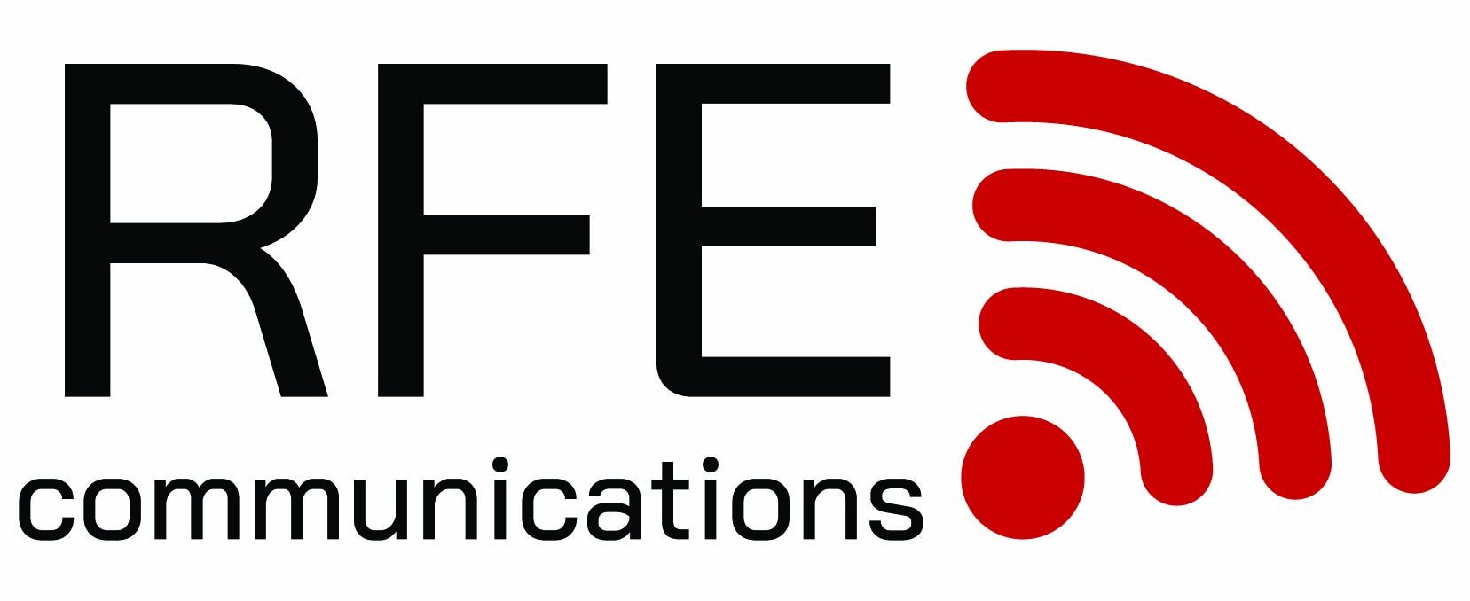 RFE Communications logo, black lettering with a red signal icon