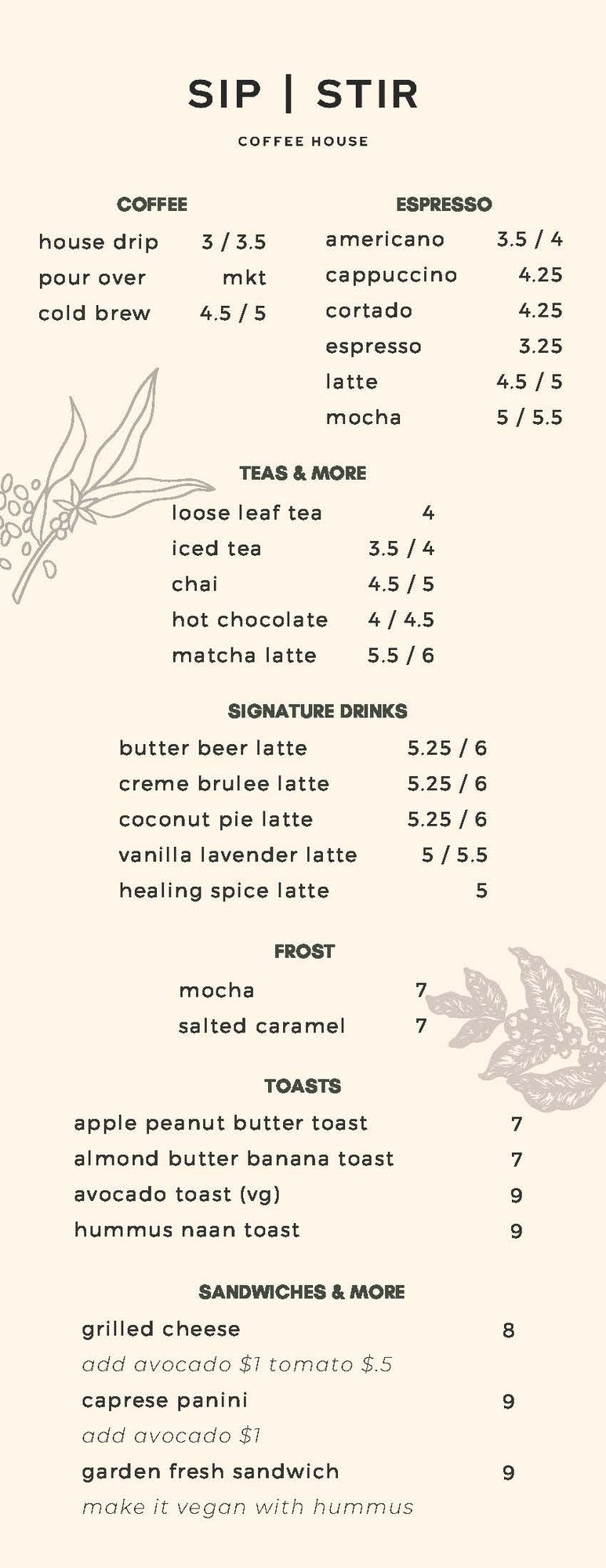 Tall Sip and Stir coffee house menu with botanical line drawings